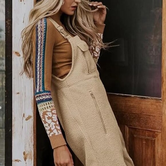 Mountain Cabin Khaki/Beige Fleece Overalls - Picture 6 of 10